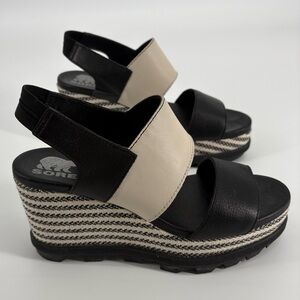 Sorel Joanie II Black and White Slingback Platform Wedge Sandals